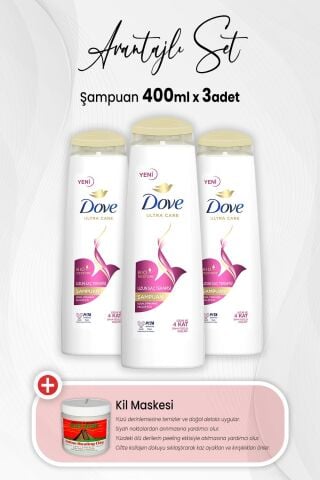 Dove Ultra Care Şampuan Uzun Saç Terapisi 400 ml x 3 Adet ve Kil Maskesi