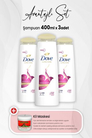 Dove Ultra Care Şampuan Uzun Saç Terapisi 400 ml x 3 Adet ve Kil Maskesi
