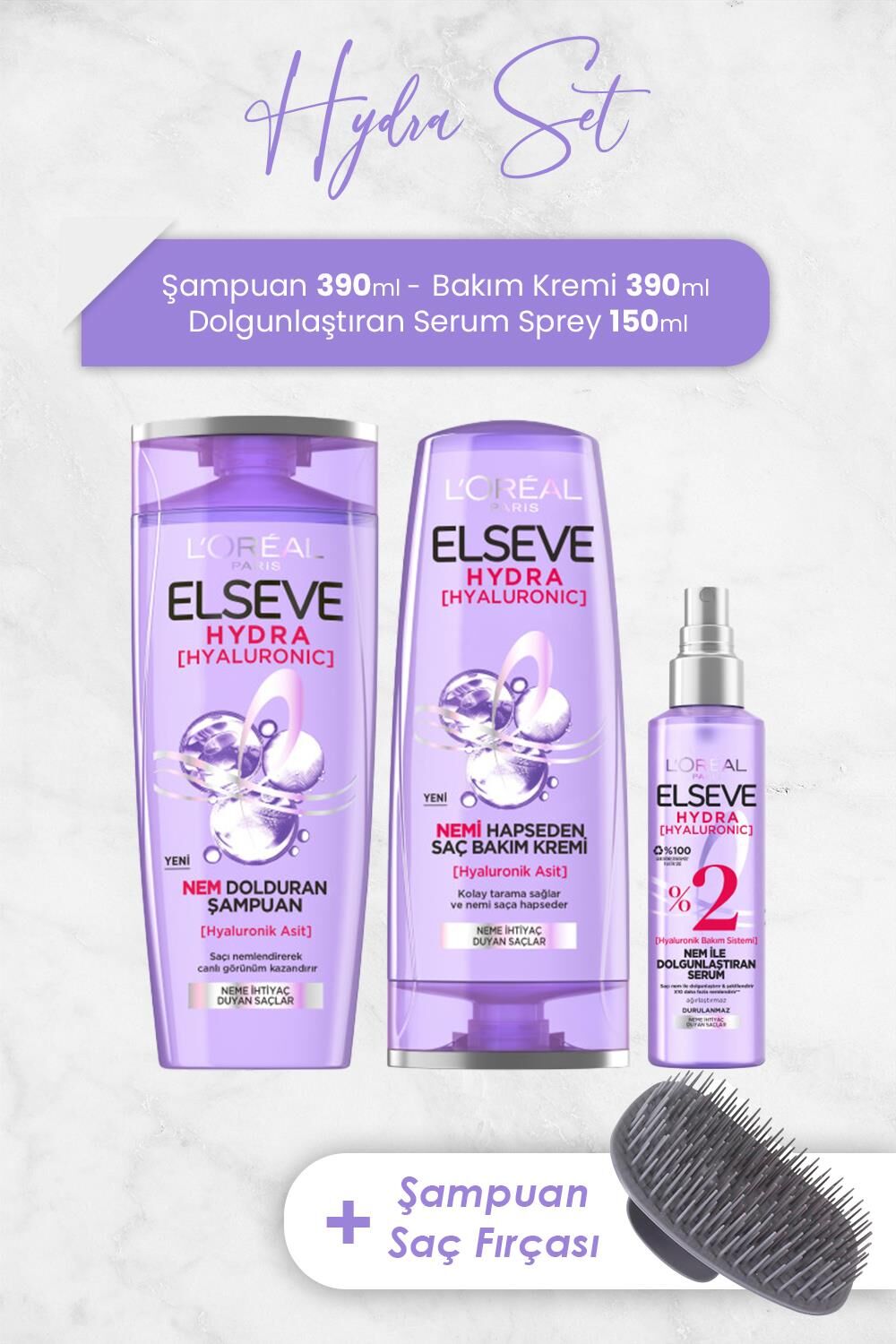 Elseve Hydra Hyaluronik Saç Bakım Serisi ve Şampuan Fırçası
