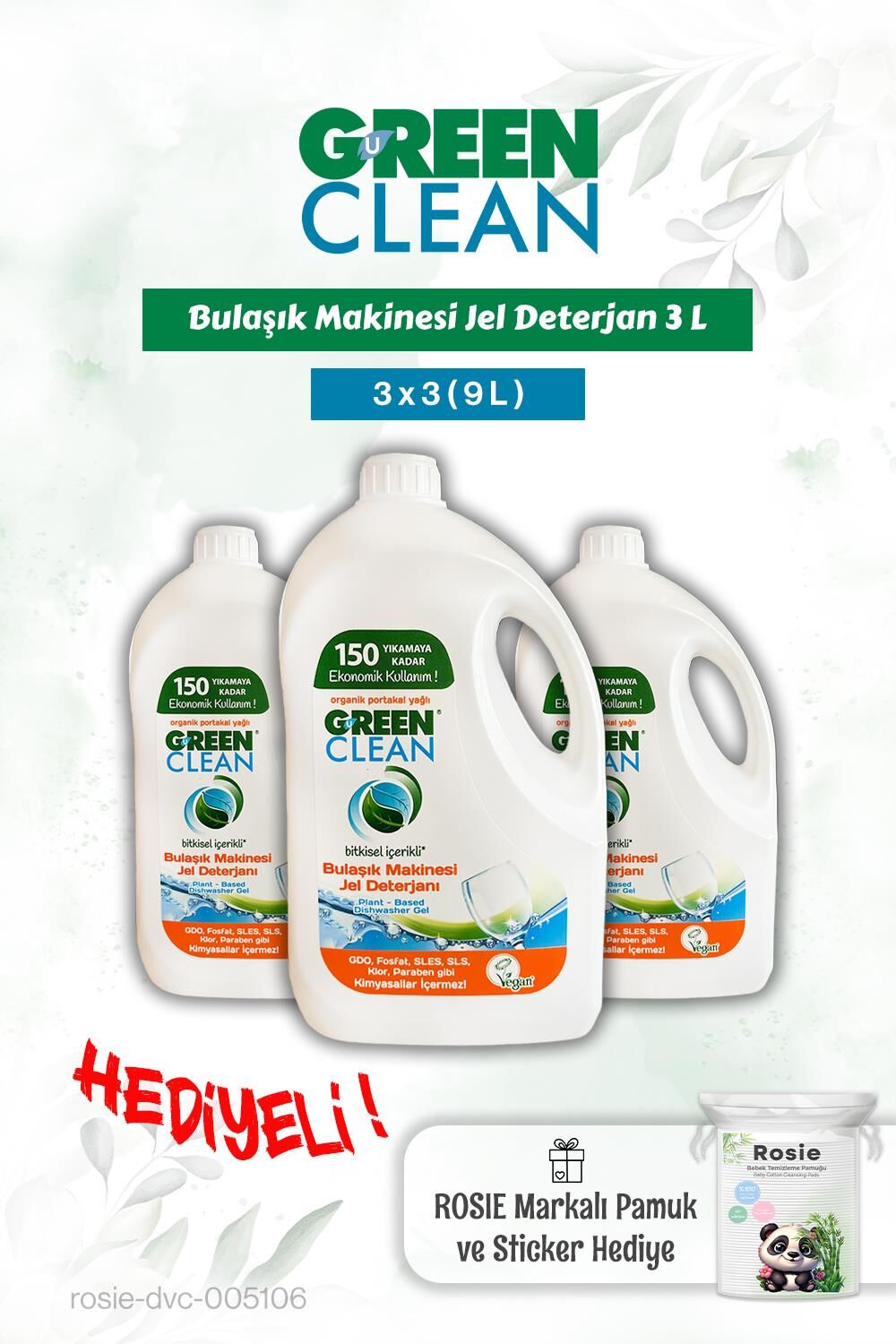 Bulaşık Mak. Jel Deterjan 3x3 (9L) Green Clean ve Rosie pamuk hediye