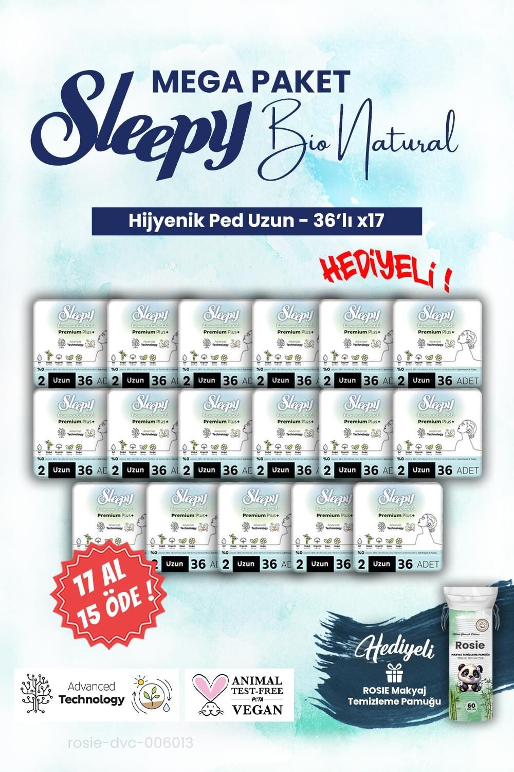Sleepy Bio Hijyenik ped 36'lı Uzun 17 AL 15 ÖDE Mega Paket ve ROSIE makyaj pamuğu