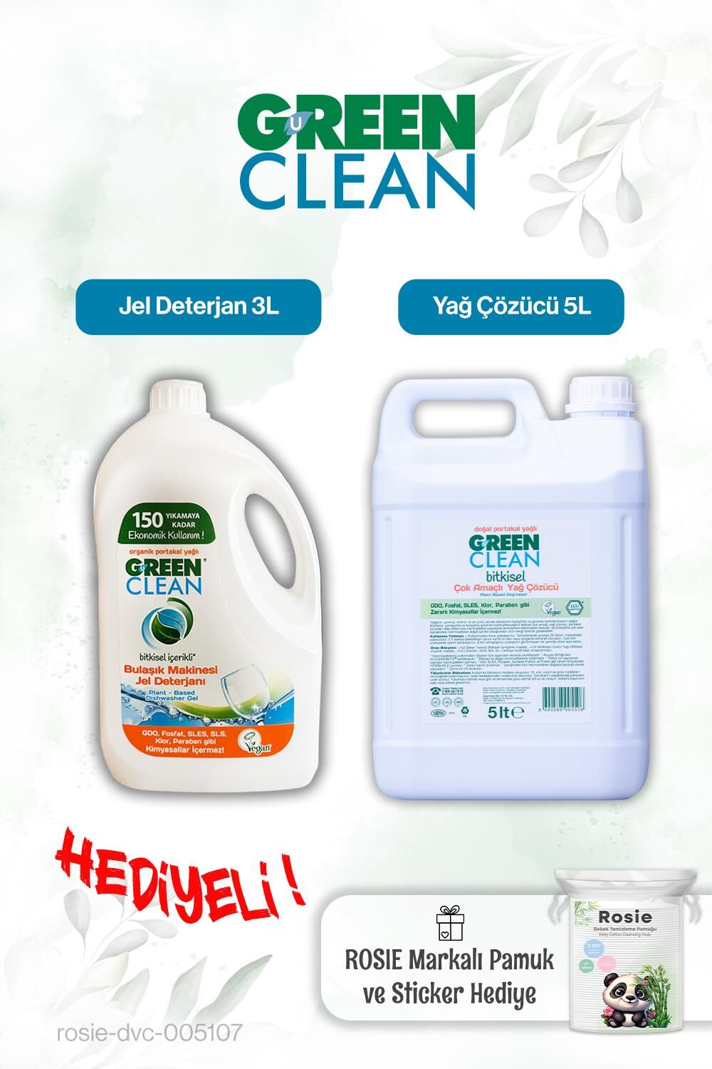 Green Clean Yağ Çözücü 5L, Bulaşık Mak. Jel Deterjan 3L ve Rosie pamuk hediye