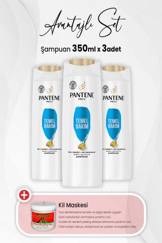 Pantene Şampuan Pro-V Temel Bakım 350 ml x 3 Adet ve Kil Maskesi