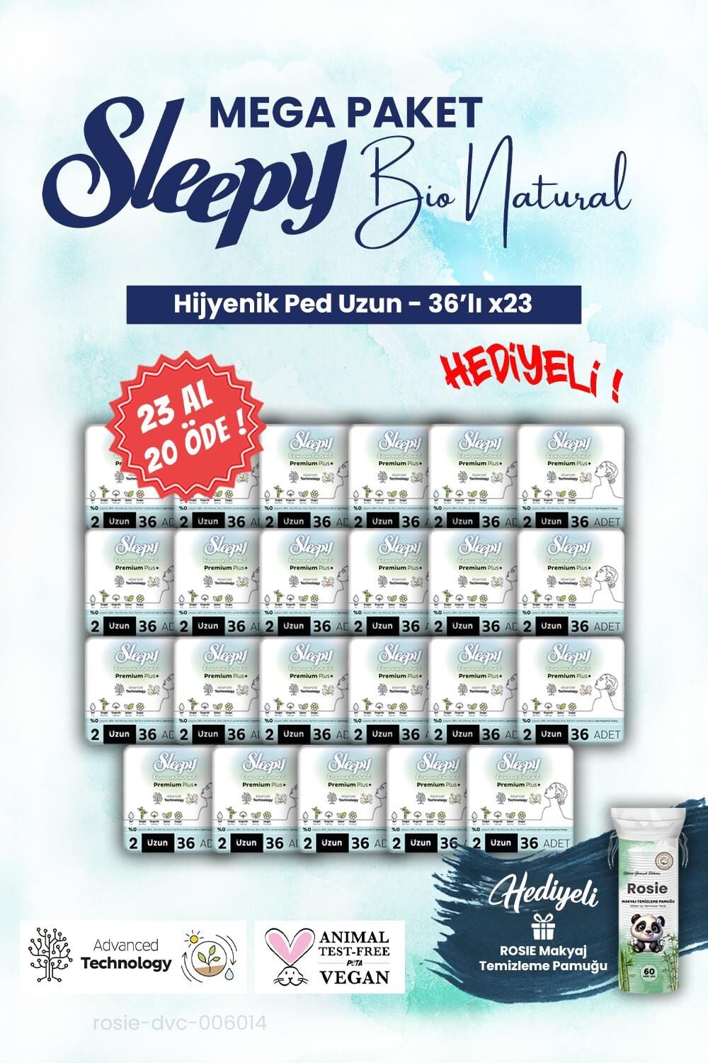 Sleepy Bio Hijyenik ped 23 AL 20 ÖDE 36'lı Uzun Mega Paket ve ROSIE makyaj pamuğu
