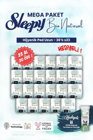 Sleepy Bio Hijyenik ped 23 AL 20 ÖDE 36'lı Uzun Mega Paket ve ROSIE makyaj pamuğu