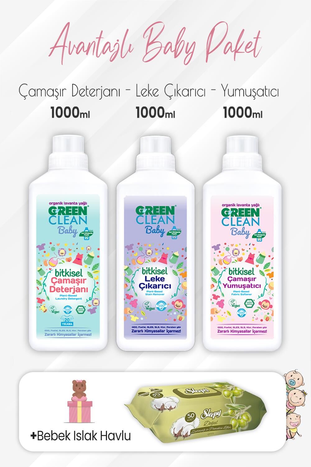 Green Clean Baby Yumuşatıcı, Deterjan, Leke Çıkarıcı 1 lt ve Zeytinyağlı Pamuklu Bebek Havlu 50'li
