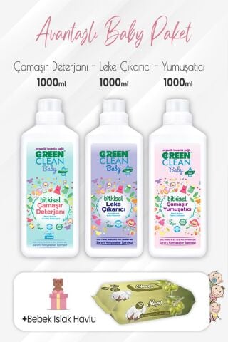 Green Clean Baby Yumuşatıcı, Deterjan, Leke Çıkarıcı 1 lt ve Zeytinyağlı Pamuklu Bebek Havlu 50'li