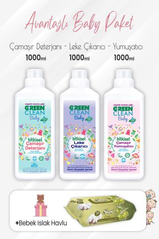 Green Clean Baby Yumuşatıcı, Deterjan, Leke Çıkarıcı 1 lt ve Zeytinyağlı Pamuklu Bebek Havlu 50'li