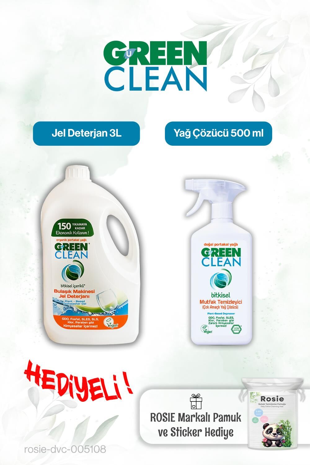 Green Clean 500 ml Yağ Çözücü, Bulaşık Mak. Jel Deterjan 3L ve Rosie pamuk hediye