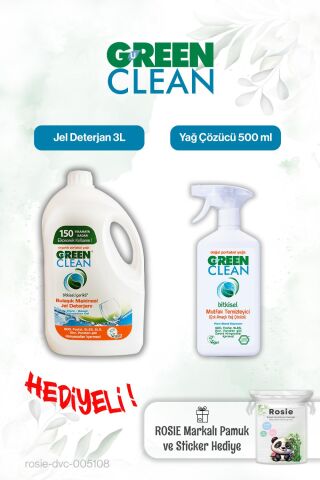 Green Clean 500 ml Yağ Çözücü, Bulaşık Mak. Jel Deterjan 3L ve Rosie pamuk hediye