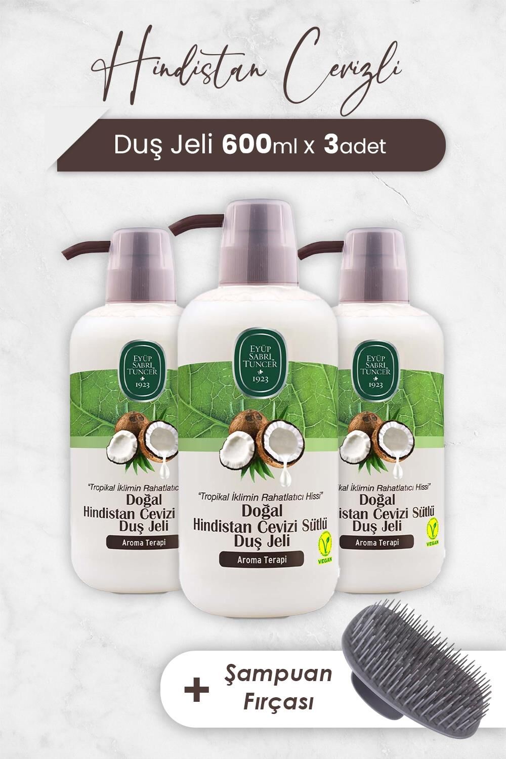 Eyüp Sabri Tuncer Hindistan Cevizi Duş Jeli 600 ml x 3 Adet ve Şampuan Fırçası