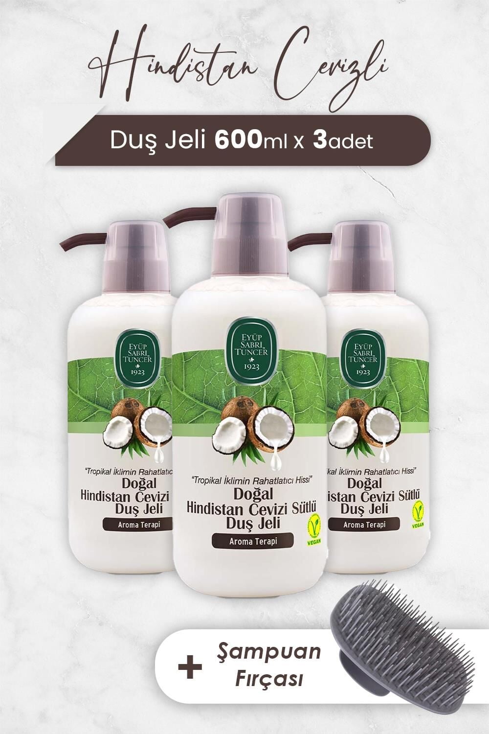 Eyüp Sabri Tuncer Hindistan Cevizi Duş Jeli 600 ml x 3 Adet ve Şampuan Fırçası