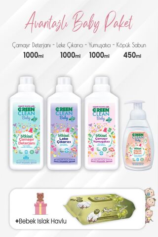 Green Clean Baby Köpük Sabun 450 ml, Deterjan, Yumuşatıcı, Leke Çıkarıcı 1 lt ve Zeytinyağlı Pamuklu 50'li