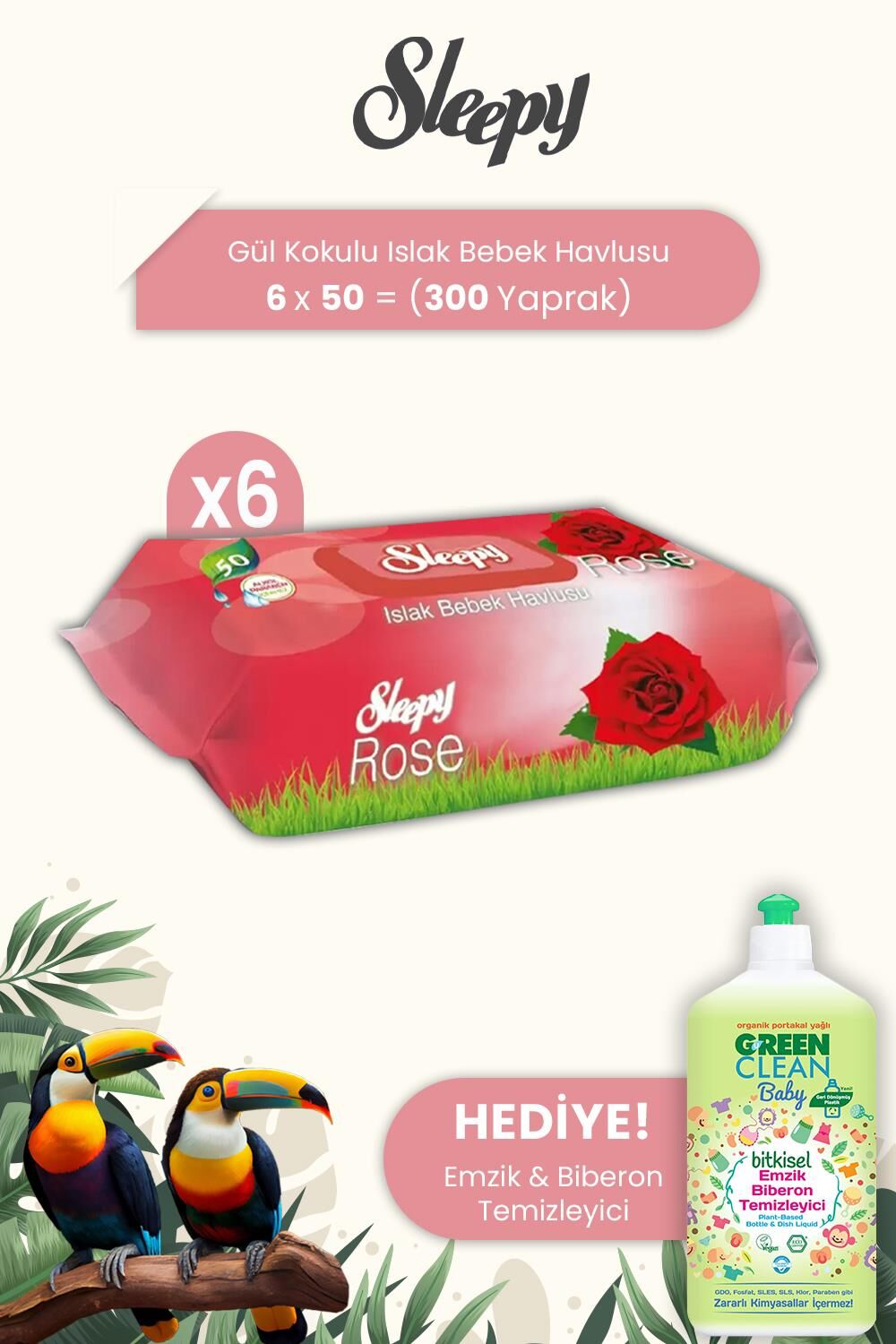 Sleepy Gül Kokulu Islak Bebek Havlusu 50 Yaprak x 6 Adet ve Biberon Temizleyici