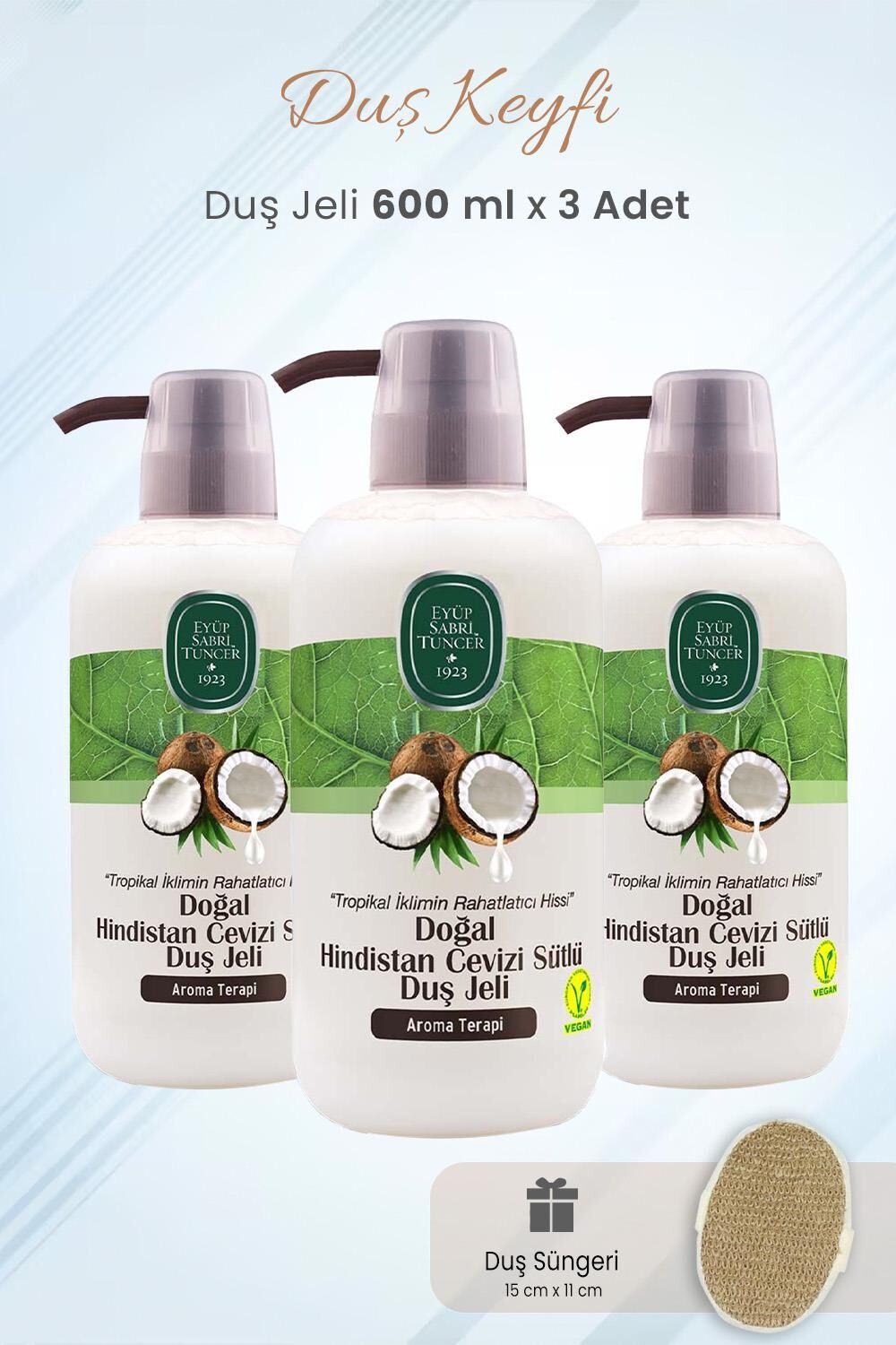 Eyüp Sabri Tuncer Duş Jeli Doğal Hindistan Cevizi Sütlü 600 ml x 3 Adet ve Duş Süngeri