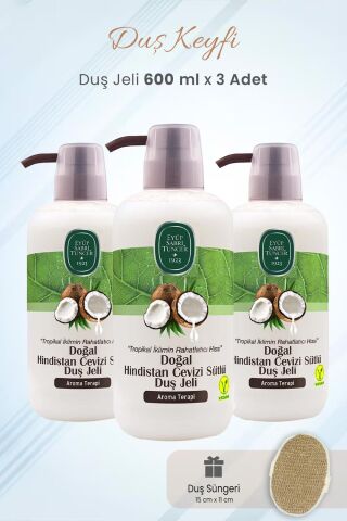 Eyüp Sabri Tuncer Duş Jeli Doğal Hindistan Cevizi Sütlü 600 ml x 3 Adet ve Duş Süngeri
