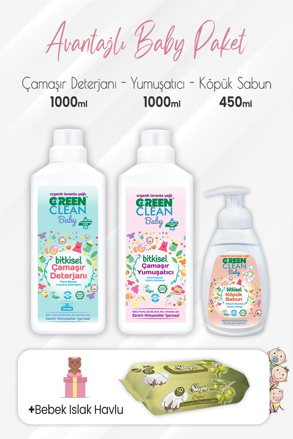 Green Clean Baby Köpük Sabun 450 ml, Deterjan, Yumuşatıcı 1 lt ve Zeytinyağlı Pamuklu 50'li