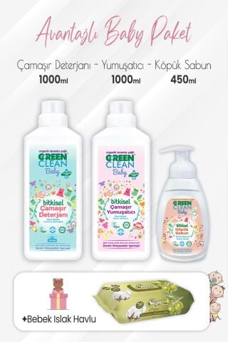 Green Clean Baby Köpük Sabun 450 ml, Deterjan, Yumuşatıcı 1 lt ve Zeytinyağlı Pamuklu 50'li