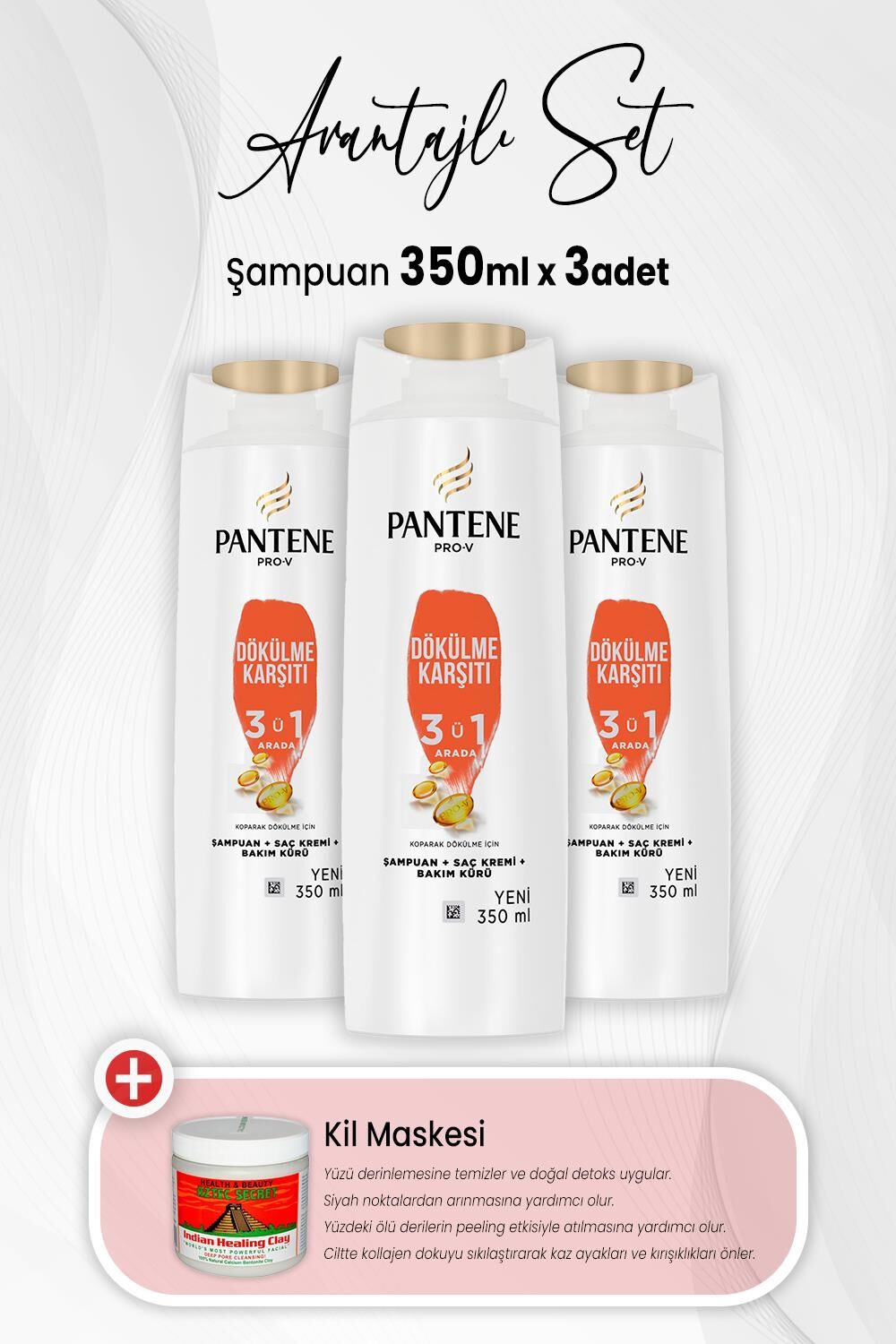 Pantene Şampuan Pro-V Dökülme Karşıtı 3' ü 1 Arada 350 ml x 3 Adet ve Kil Maskesi