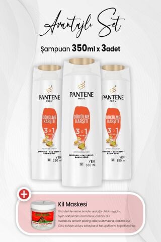 Pantene Şampuan Pro-V Dökülme Karşıtı 3' ü 1 Arada 350 ml x 3 Adet ve Kil Maskesi