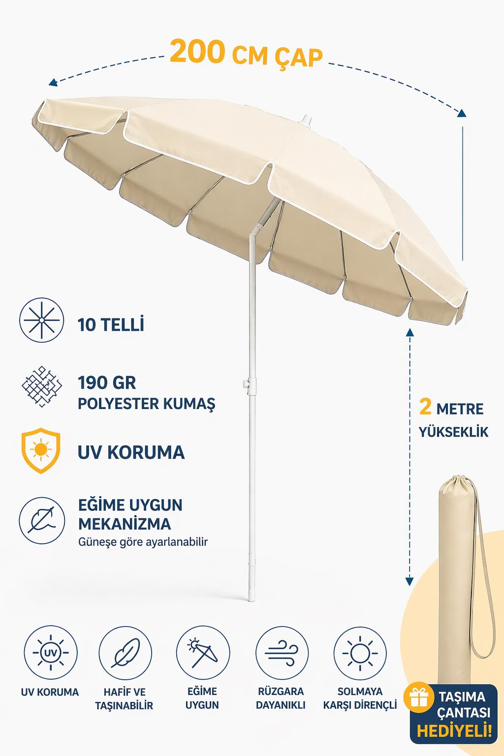 Plaj Şemsiyesi 200 Cm Çapında 10 Telli Taşıma Çantası Hediyeli
