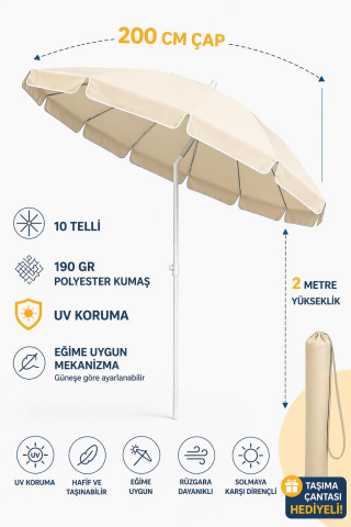 Plaj Şemsiyesi 200 Cm Çapında 10 Telli Taşıma Çantası Hediyeli