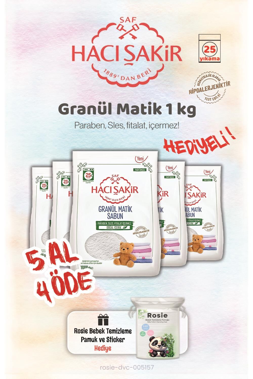 Hacı Şakir 5 AL 4 ÖDE 1 kg Granül Matik Çamaşır Deterjanı ve Rosie