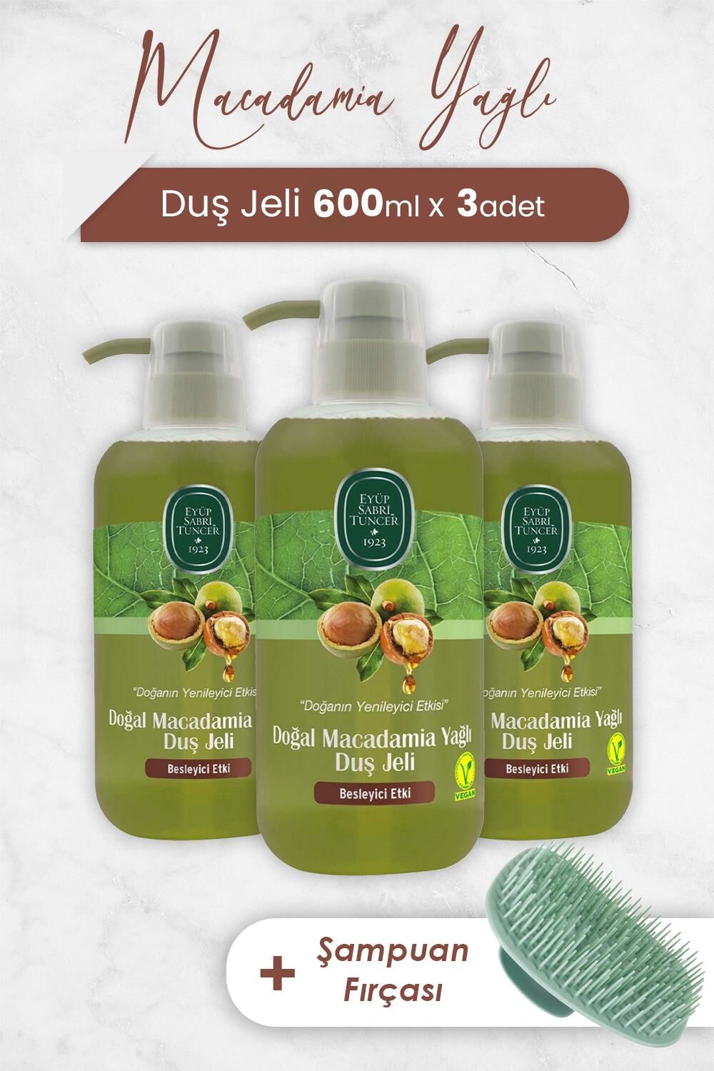 Eyüp Sabri Tuncer Macadamia Yağlı Duş Jeli 600 ml x 3 Adet ve Şampuan Fırçası
