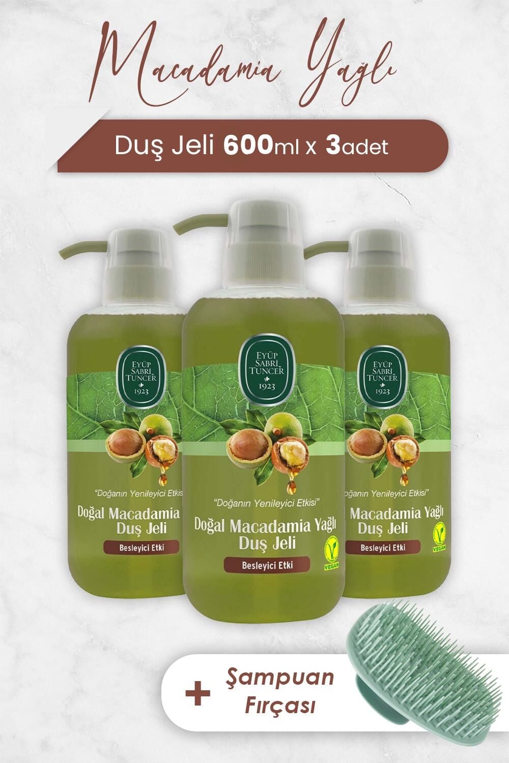 Eyüp Sabri Tuncer Macadamia Yağlı Duş Jeli 600 ml x 3 Adet ve Şampuan Fırçası