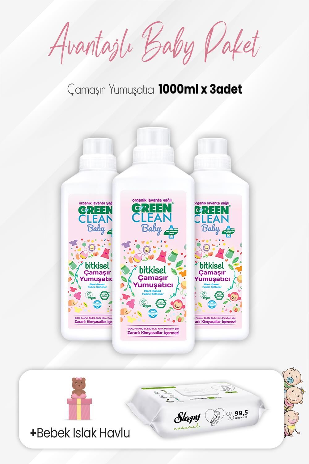 Green Clean Baby Çamaşır Yumuşatıcı 1 lt x 3 Adet ve Natural Yenidoğan 60'lı