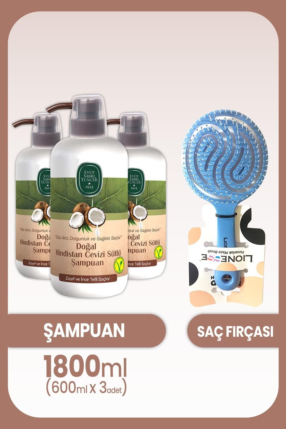 Eyüp Sabri Tuncer Hindistan Cevizli Şampuan 600 ml x 3 Adet ve Saç Fırçası