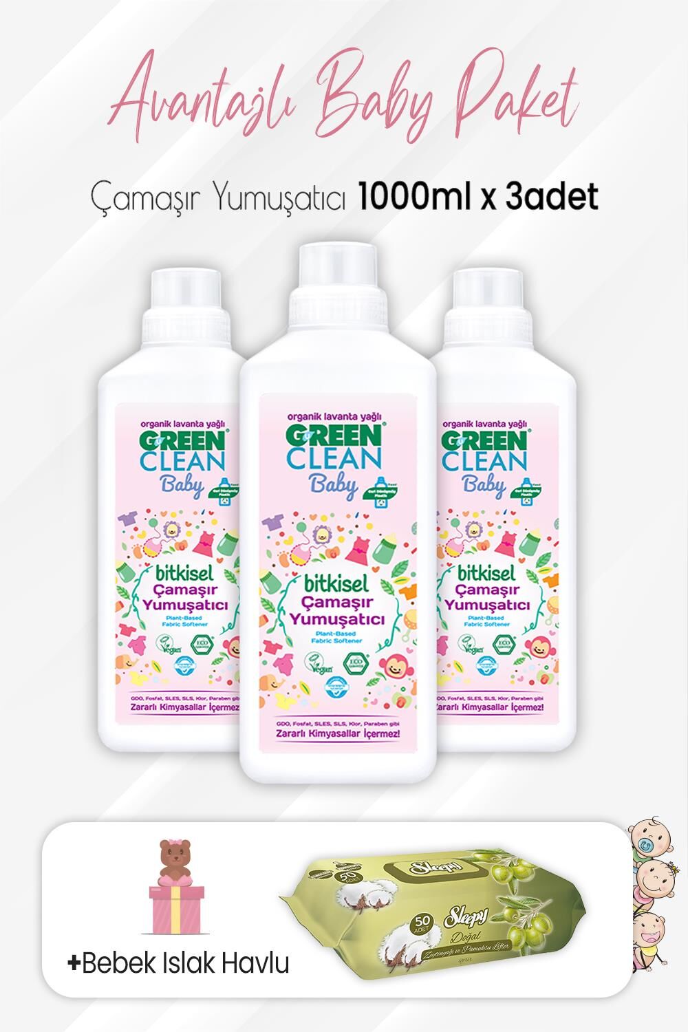 Green Clean Baby Yumuşatıcı 1000 ml x 3 Adet ve Zeytinyağlı Pamuklu 50'li