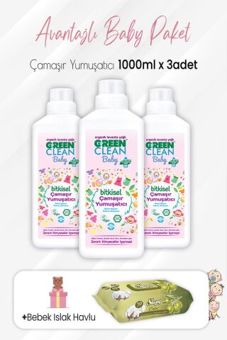 Green Clean Baby Yumuşatıcı 1000 ml x 3 Adet ve Zeytinyağlı Pamuklu 50'li