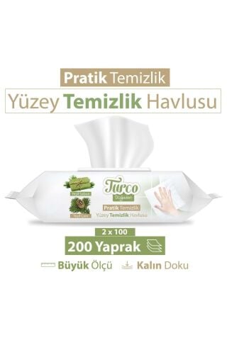 Baby Turco Pratik Yüzey Temizlik Havlusu 100'lü Yeşil Sabun/Yeşil Çam (2 Li Set) 200 Yaprak