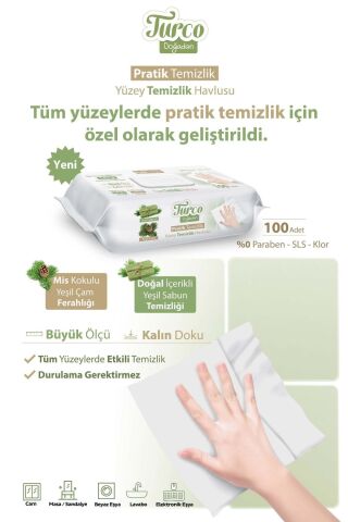 Baby Turco Pratik Yüzey Temizlik Havlusu 100'lü Yeşil Sabun/Yeşil Çam (2 Li Set) 200 Yaprak