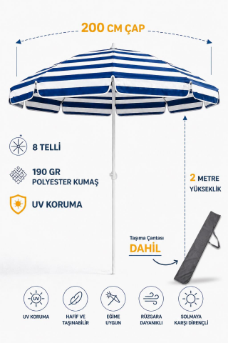 Çizgili Mavi Beyaz Plaj Ve Güneş Şemsiyesi 200/8 Taşıma Çantası Hediyeli