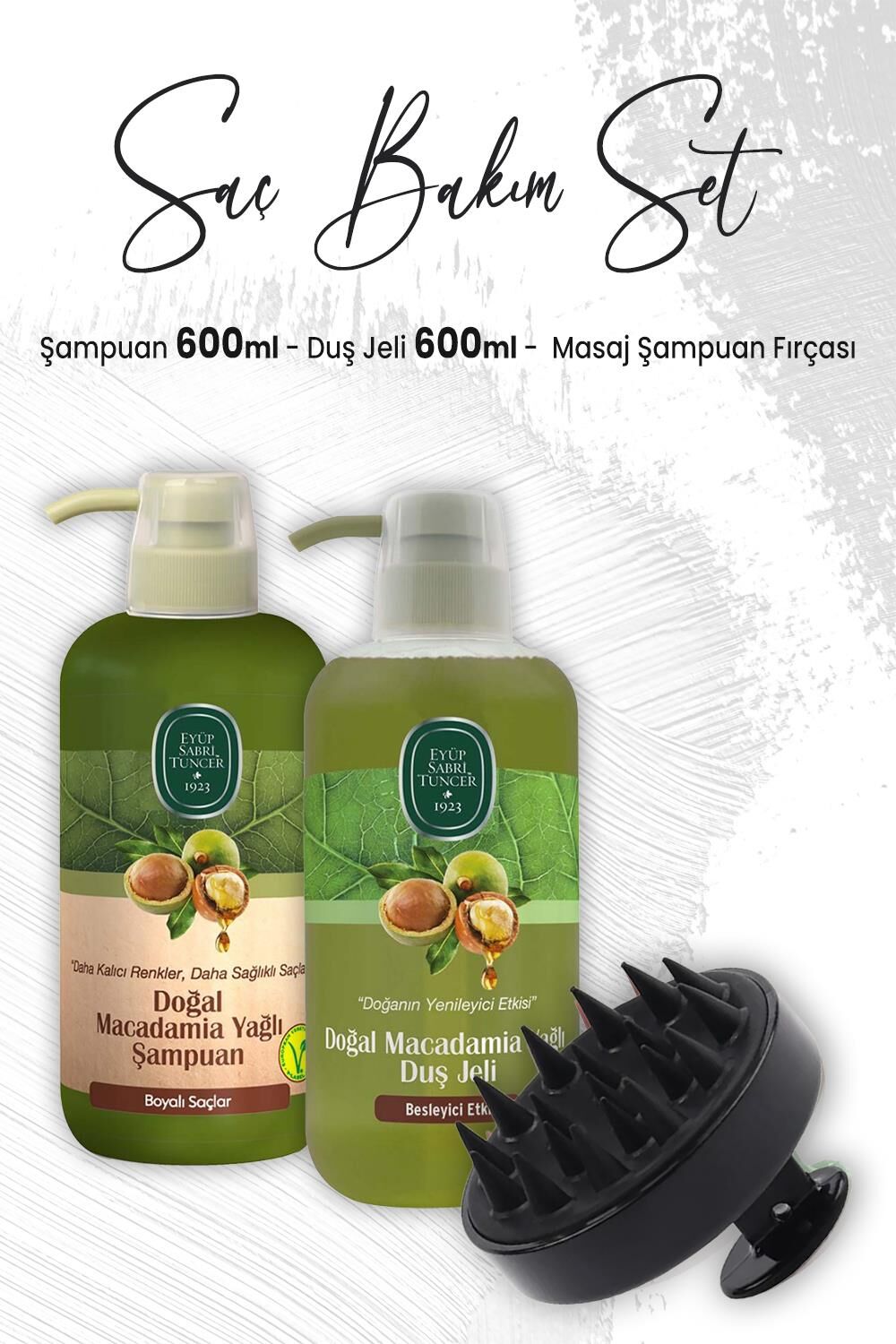 Eyüp Sabri Tuncer Macadamia Şampuan 600 ml, Duş Jeli 600 ml ve Masaj Şampuan Fırçası Siyah