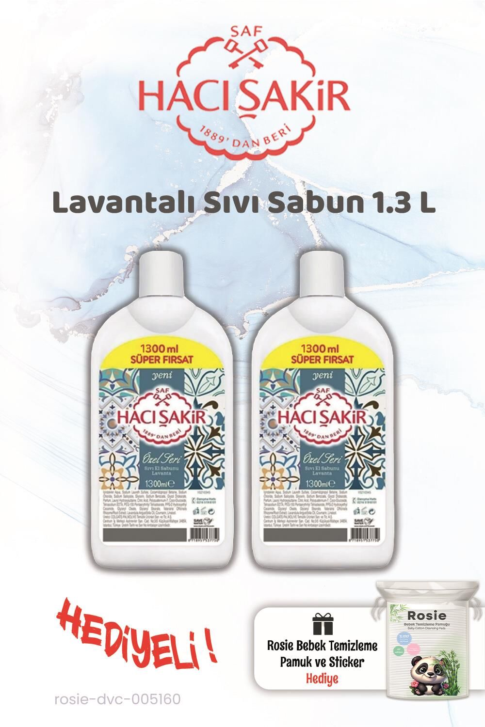 Hacı Şakir 1300 ml Lavanta Sıvı Sabun 2 adet ve Rosie Hediye