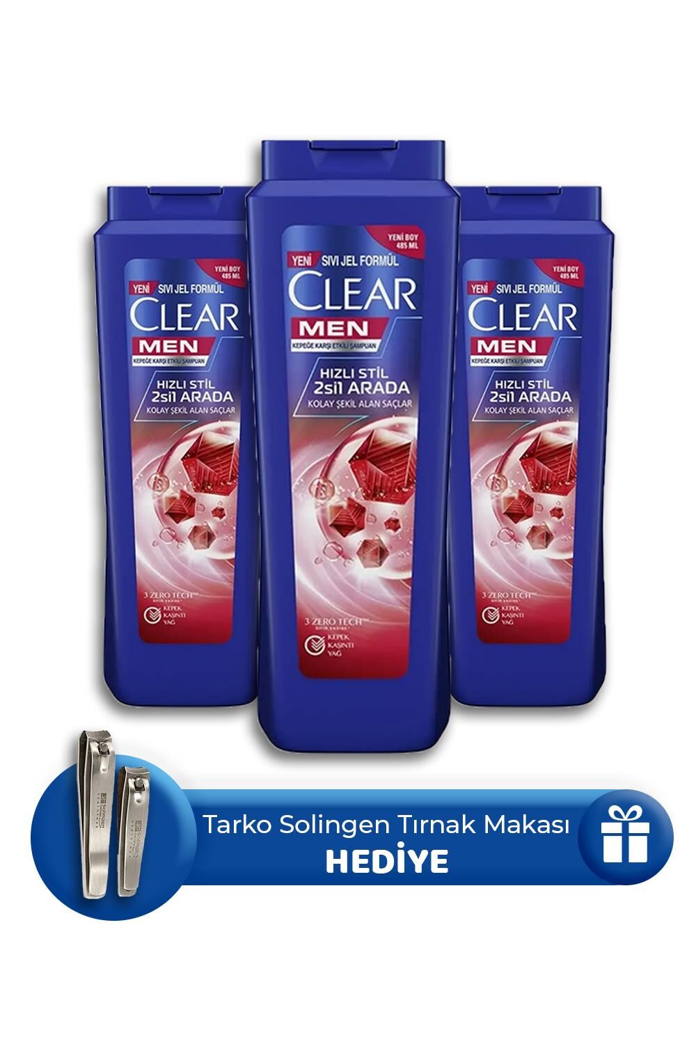 Clear Hızlı Stil 2'si 1 Arada Şampuan 485 ml 3 Adet, Tırnak Makası Seti Hediye