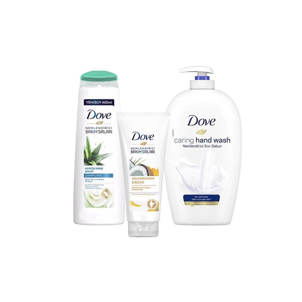 Dove Saç Bakım Şampuanı Aloe Vera, Saç Kremi Hindistan Cevizi ve Sıvı Sabun Caring Hand