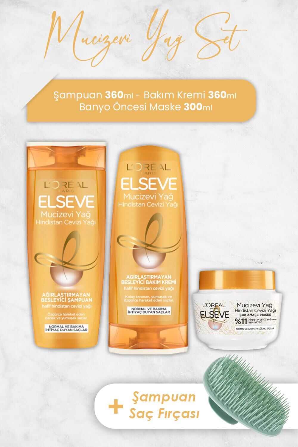 Elseve Mucizevi Yağ Hindistan Cevizi Saç Bakım Serisi ve Şampuan Fırçası