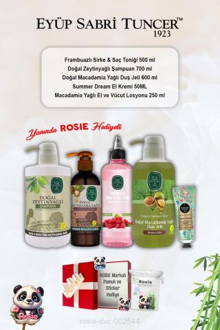 Zeytinyağlı Şampuan, Macadamia Duş Jeli ve Losyon, Summer Dream Krem, Frambuaz Tonik ve Rosie
