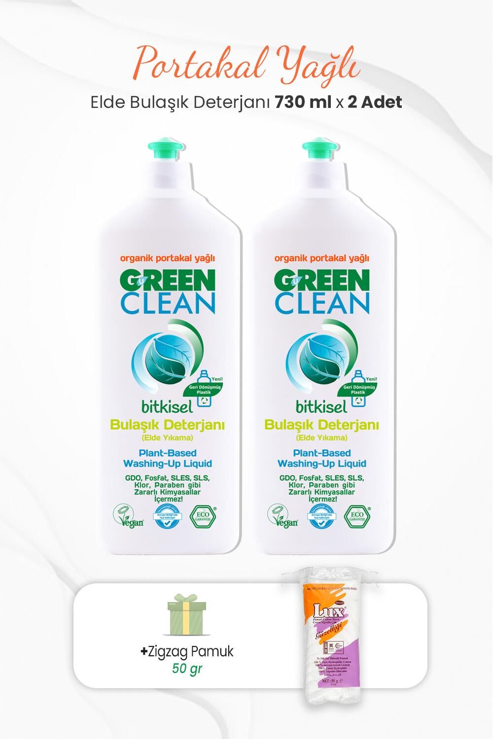 Green Clean Bitkisel Bulaşık Deterjanı Portakal Yağlı 730 ml x 2 Adet ve Zigzag Pamuk