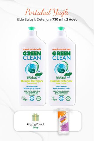 Green Clean Bitkisel Bulaşık Deterjanı Portakal Yağlı 730 ml x 2 Adet ve Zigzag Pamuk