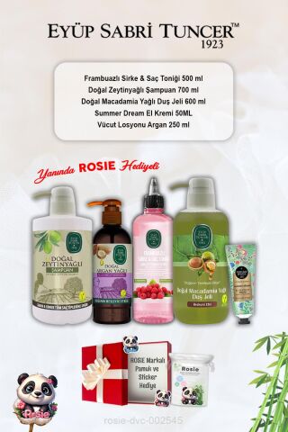 Summer Dream Krem, Zeytinyağlı Şampuan, Macadamia Duş Jeli, Argan Losyon, Frambuaz Tonik ve Rosie