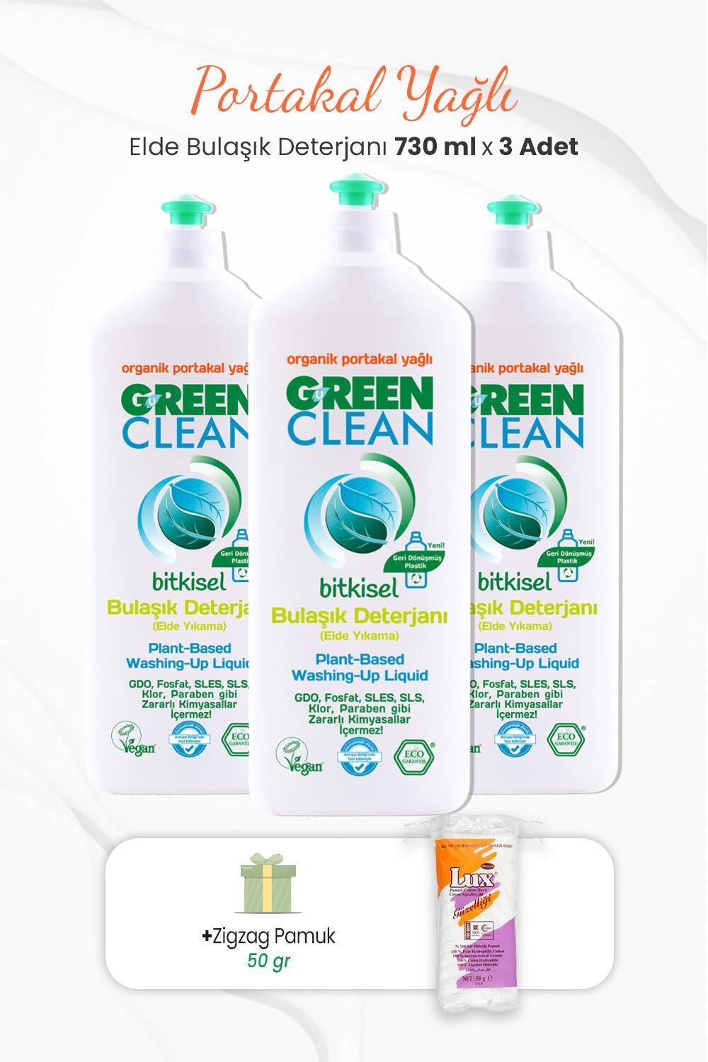 Green Clean Elde Bulaşık Deterjanı 730 ml x 3 Adet ve Zigzag Pamuk 50 gr