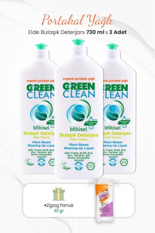 Green Clean Elde Bulaşık Deterjanı 730 ml x 3 Adet ve Zigzag Pamuk 50 gr