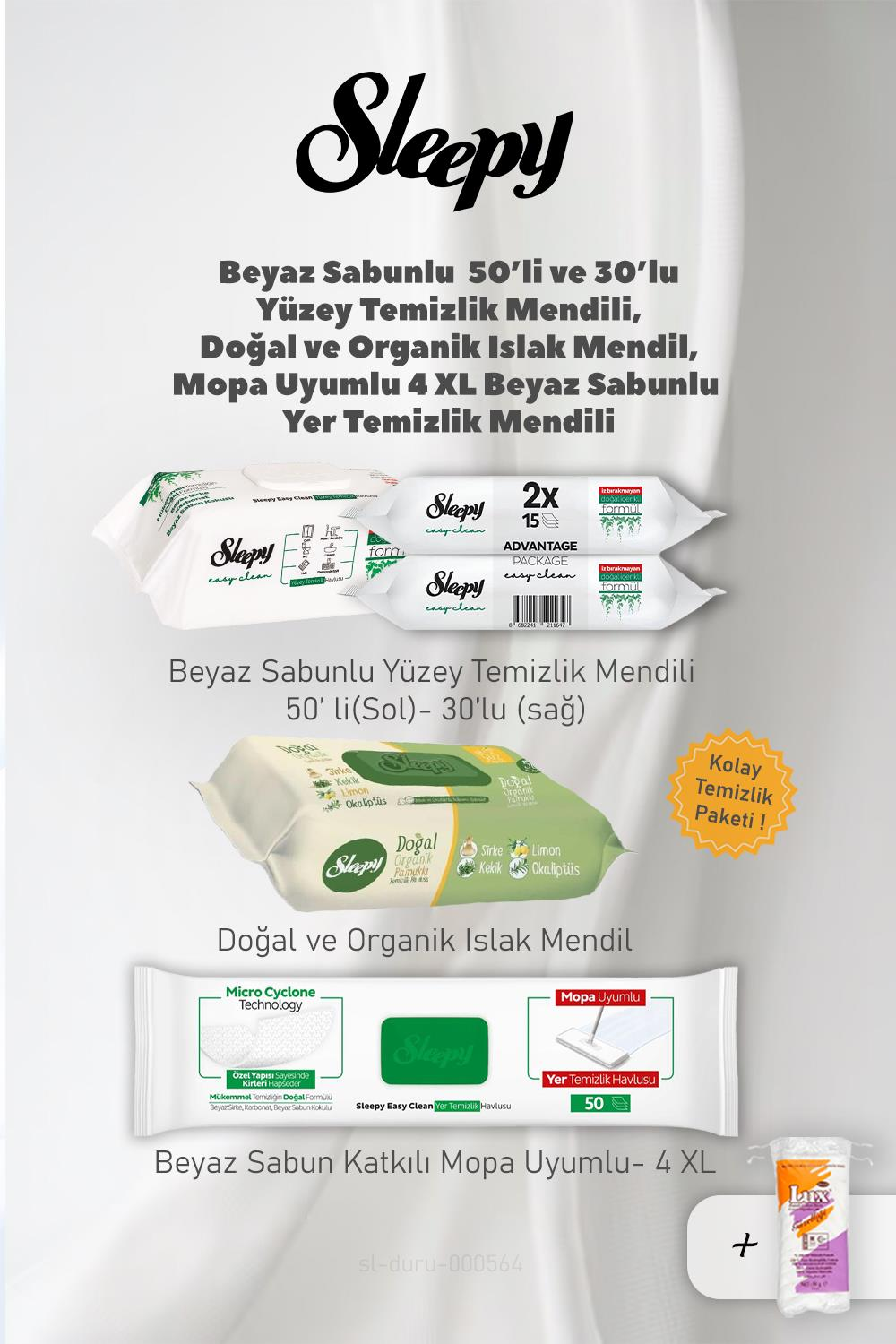 Sleepy Yüzey Havluları, Mopa Uyumlu 4 XL ve Organik Mendil, Pamuk Hediyeli
