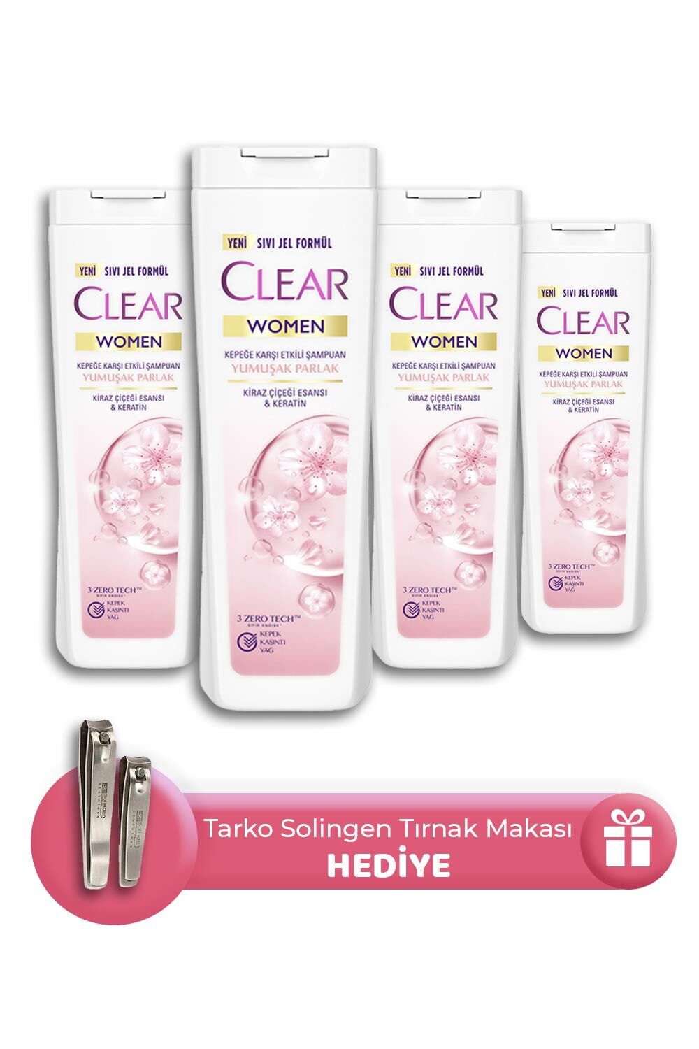 Clear Women Yumuşak Parlak Şampuan 325 ml 4 Adet, Tırnak Makası Seti Hediye