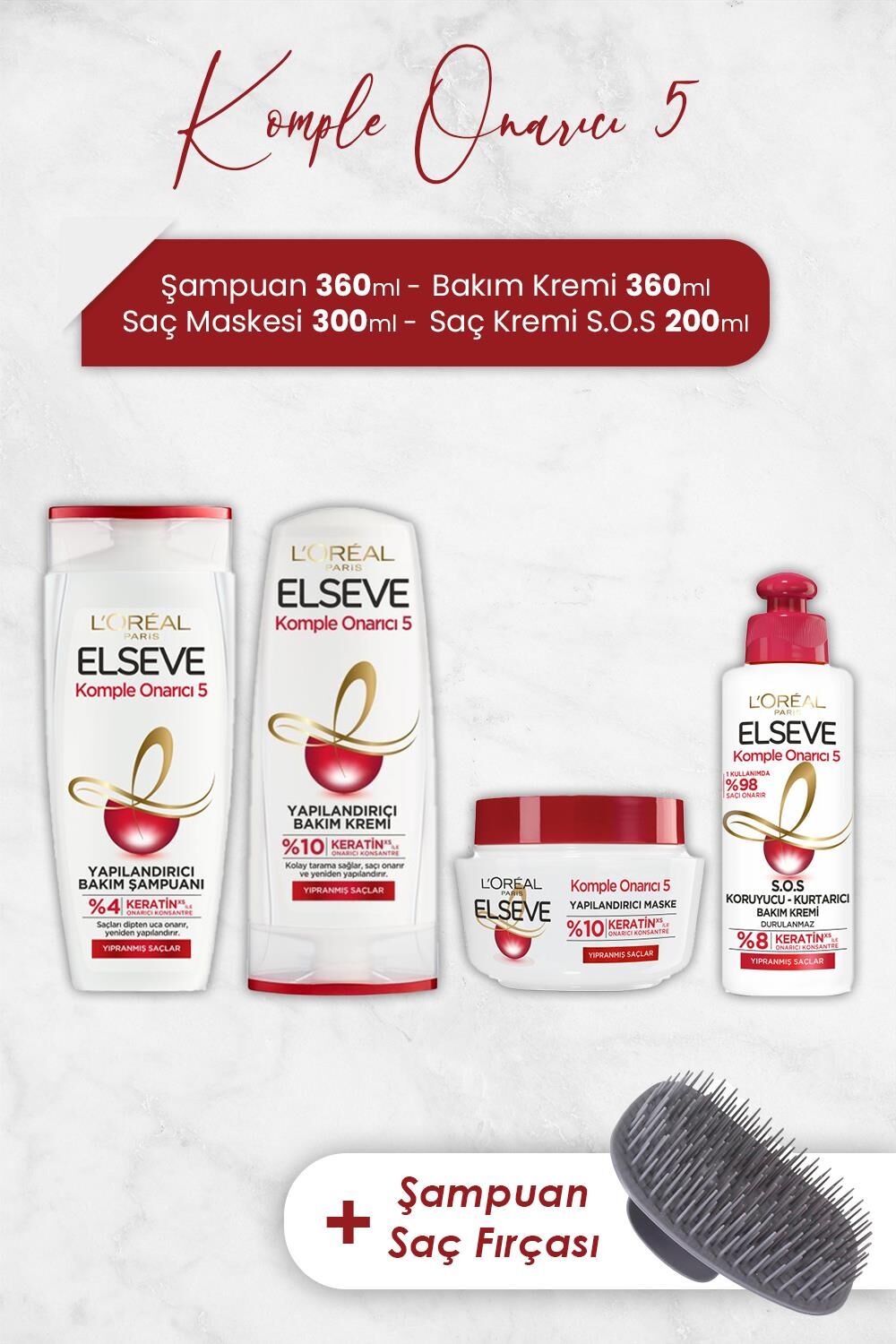 Elseve Komple Onarıcı 5 Saç Bakım Serisi 3 ve Şampuan Fırçası